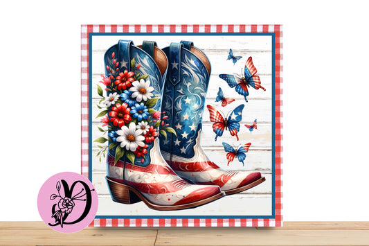 Patriotic Butterfly And Boots Wreath Sign, Square Flat Aluminum sign for wreath, Red White Blue Butterfly sign