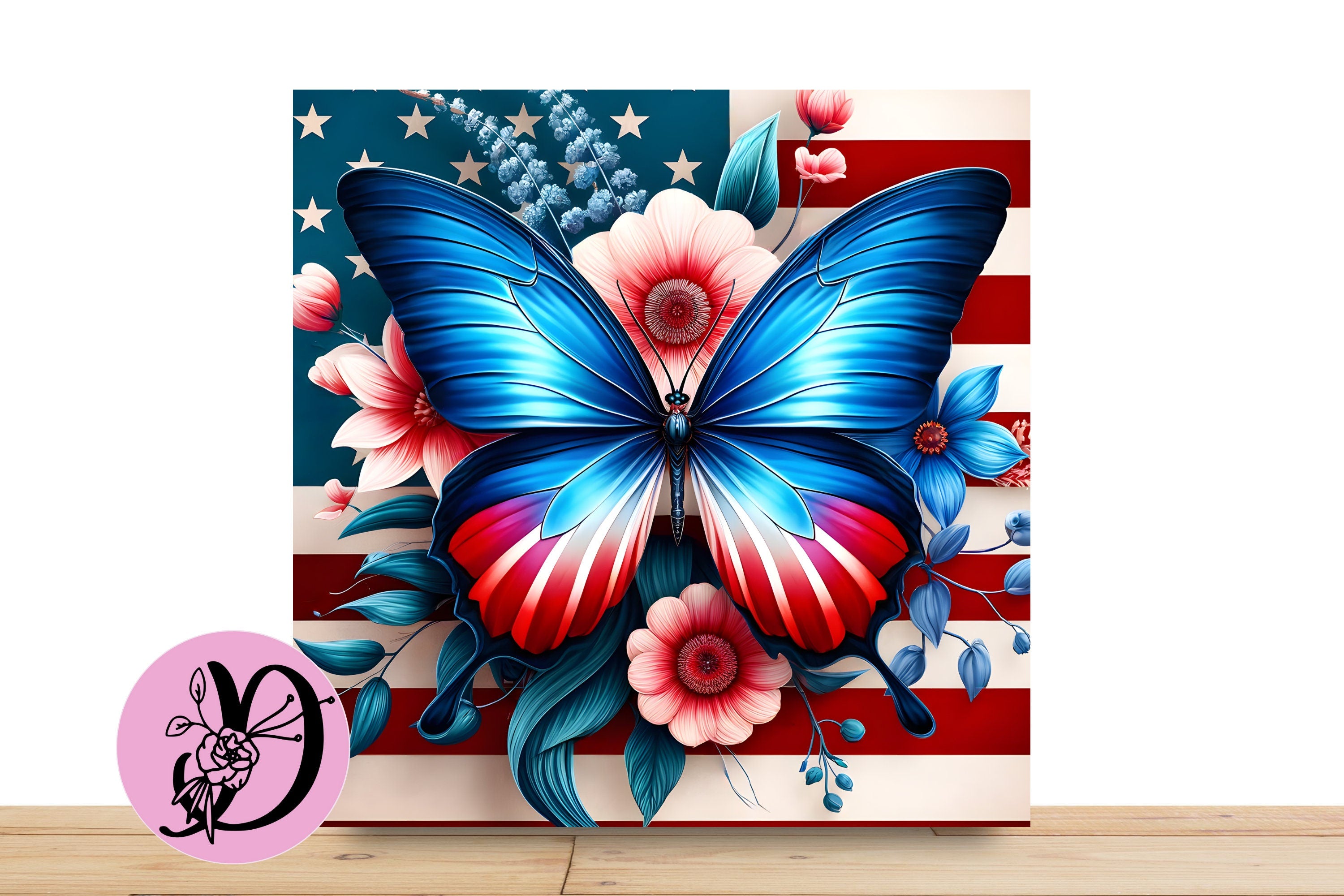 Patriotic Butterfly Wreath Sign, Square Flat Aluminum sign for wreath, Red White Blue Butterfly With American Flag