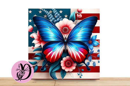 Patriotic Butterfly Wreath Sign, Square Flat Aluminum sign for wreath, Red White Blue Butterfly With American Flag