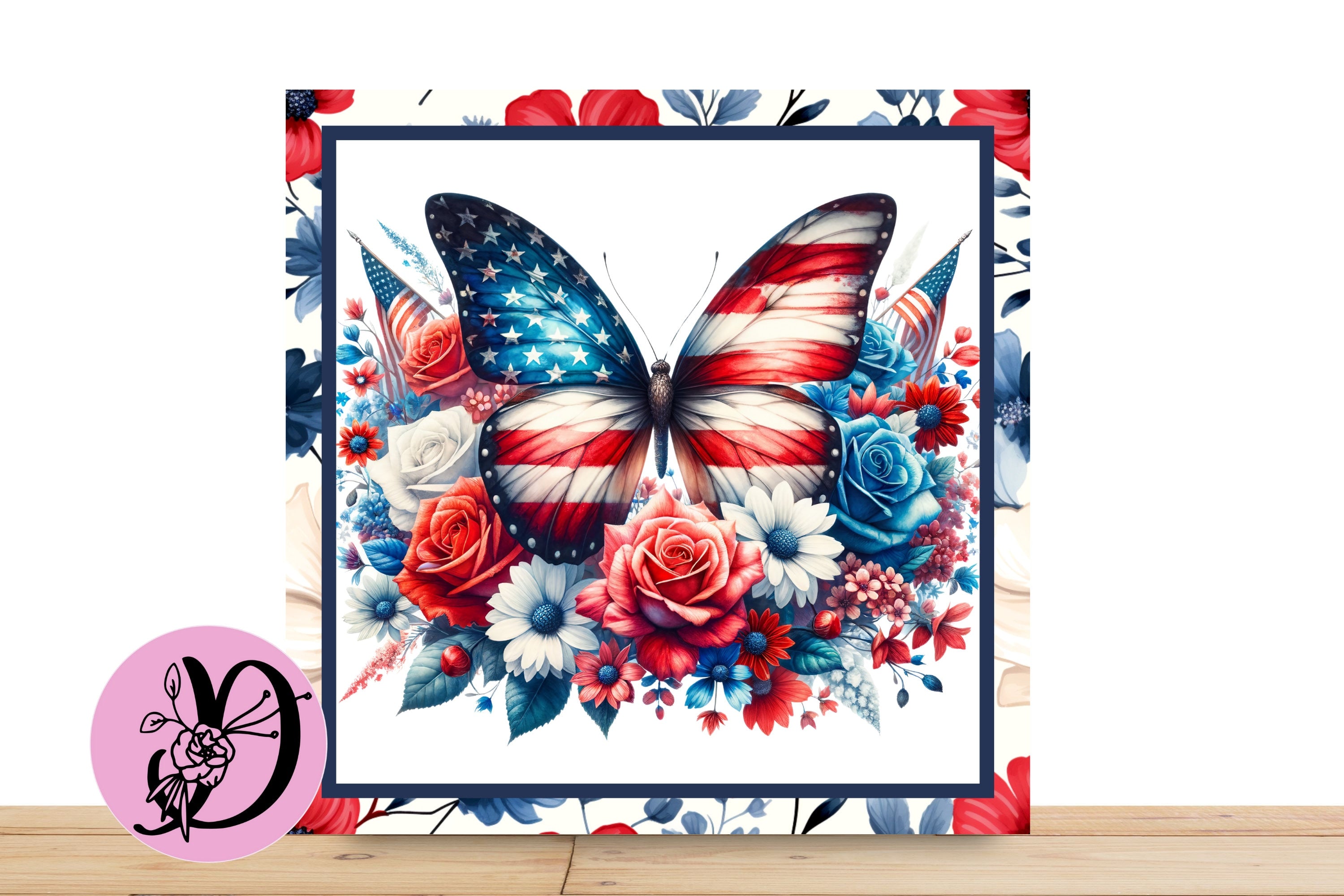 Patriotic Butterfly Wreath Sign, Square Flat Aluminum sign for wreath, Butterfly Sign with White Background, Red With Blue Flowers