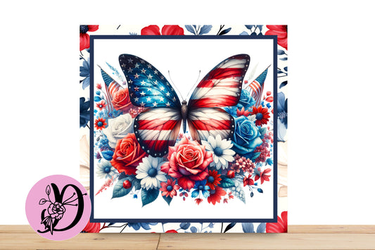 Patriotic Butterfly Wreath Sign, Square Flat Aluminum sign for wreath, Butterfly Sign with White Background, Red With Blue Flowers