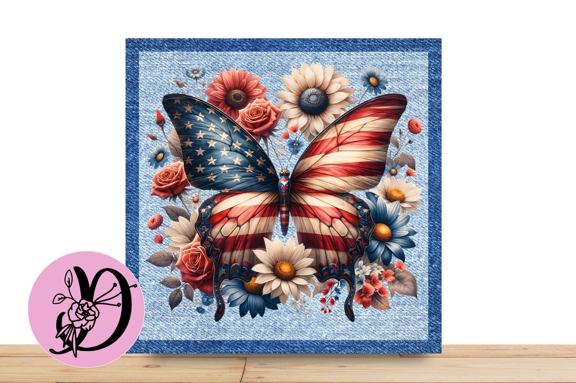 Patriotic Butterfly Wreath Sign, Square Flat Aluminum sign for wreath, Butterfly Sign with Denim Background, Red With Blue Flowers