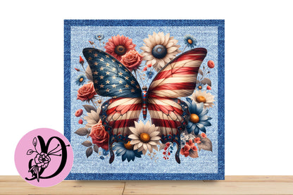 Patriotic Butterfly Wreath Sign, Square Flat Aluminum sign for wreath, Butterfly Sign with Denim Background, Red With Blue Flowers