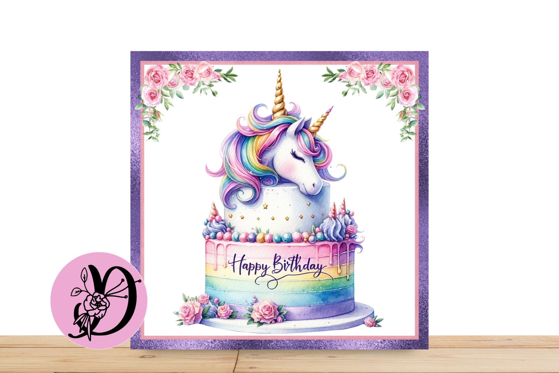 Unicorn Happy Birthday Wreath Sign, Flat Aluminum Sign For Wreaths, Rainbow Colors Birthday Cake