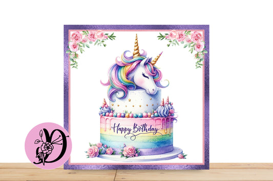 Unicorn Happy Birthday Wreath Sign, Flat Aluminum Sign For Wreaths, Rainbow Colors Birthday Cake