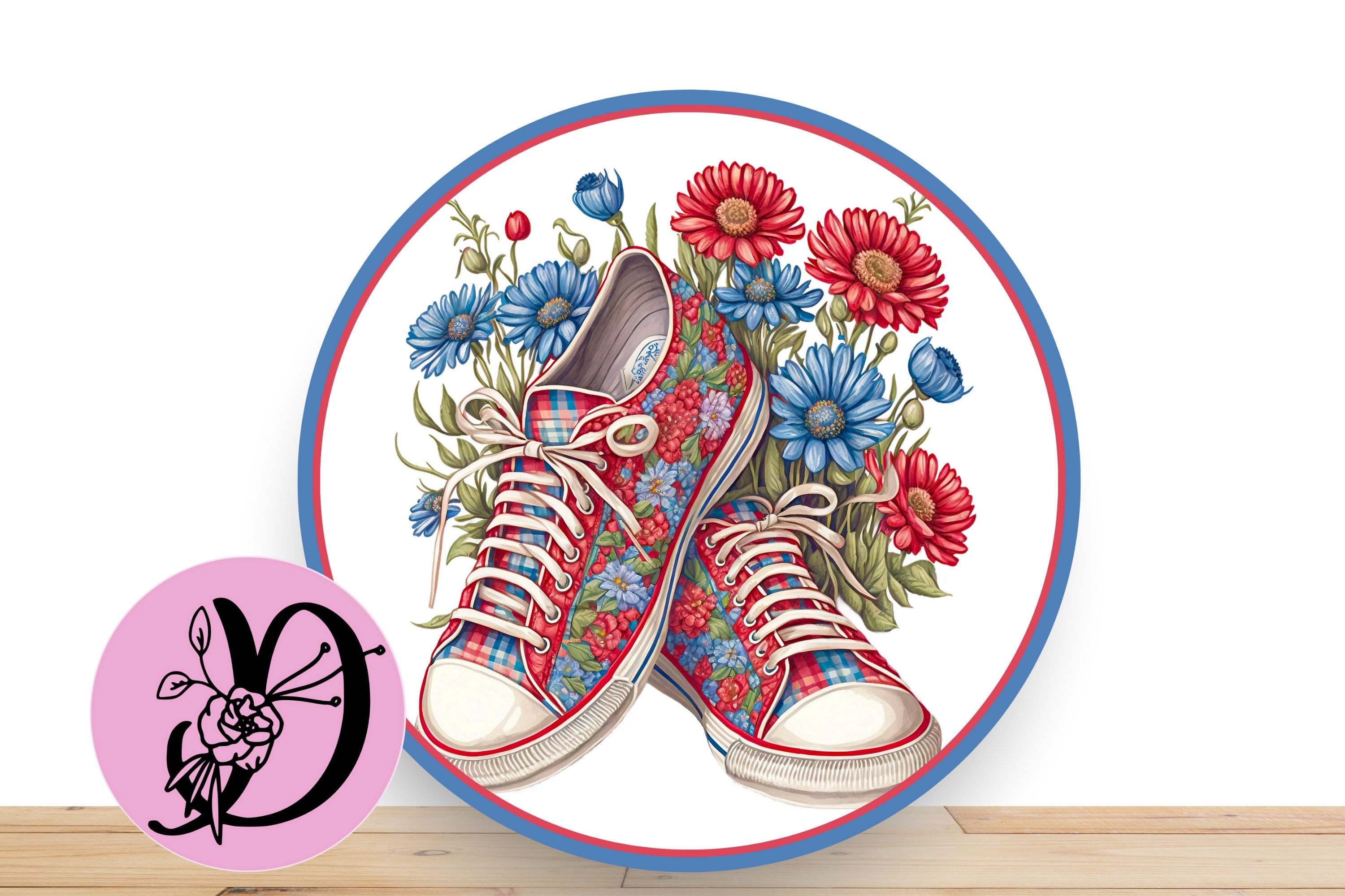 Shoe Wreath Sign, Floral Tennis Shoe With Floral Background Round Flat Aluminum Sign for Wreath