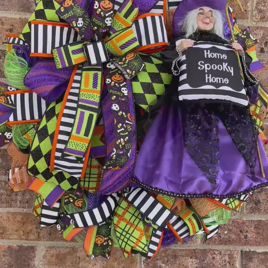 Halloween Witch Wreath Dressed in Purple for front door, Wreath With Purple Witch for Porch Decorations