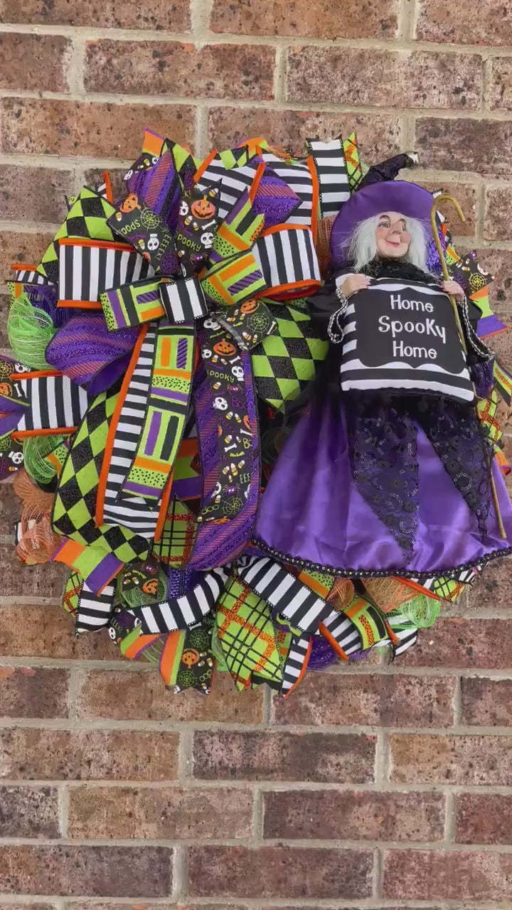 Halloween Witch Wreath Dressed in Purple for front door, Wreath With Purple Witch for Porch Decorations
