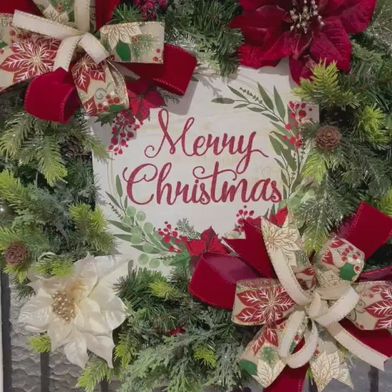 Christmas Wreath for your door, Traditional evergreen holiday decorations, Poinsettia red and white Christmas decor