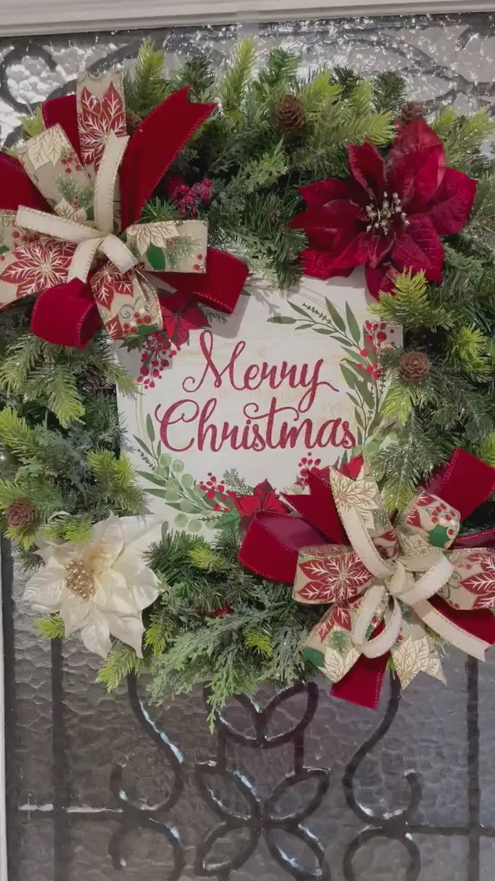 Christmas Wreath for your door, Traditional evergreen holiday decorations, Poinsettia red and white Christmas decor