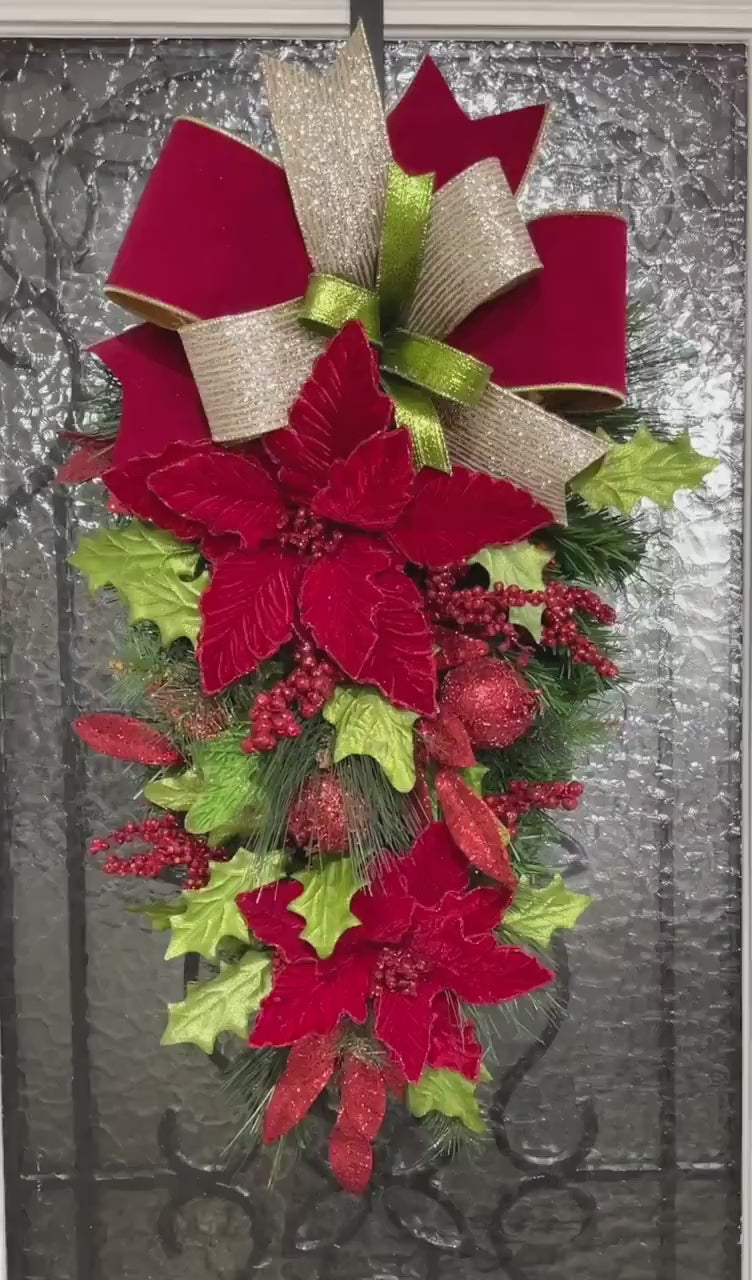 Christmas Poinsettia Swag Wreath, Red and Gold Poinsettia Swag