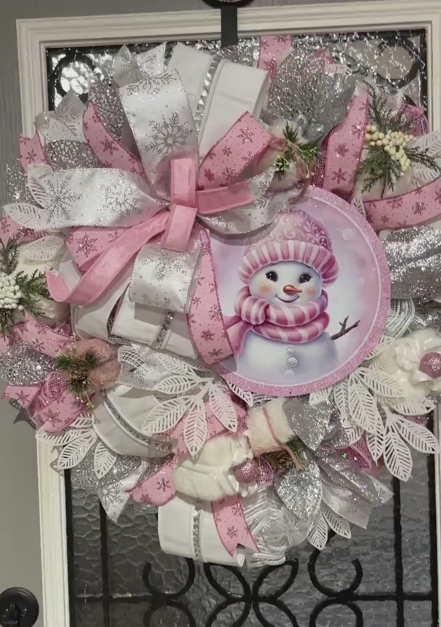 Christmas Pink Snowman Wreath, Snowman Pink Wreath, Christmas Decorations,