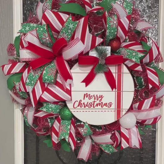 Handmade Merry Christmas Wreath - Festive Red and Green Holiday Door Decor - Christmas Ribbon Wreath with Merry Christmas Sign