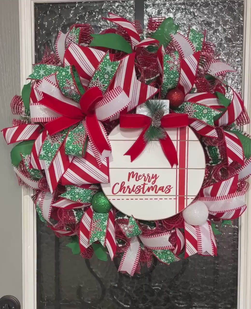 Handmade Merry Christmas Wreath - Festive Red and Green Holiday Door Decor - Christmas Ribbon Wreath with Merry Christmas Sign