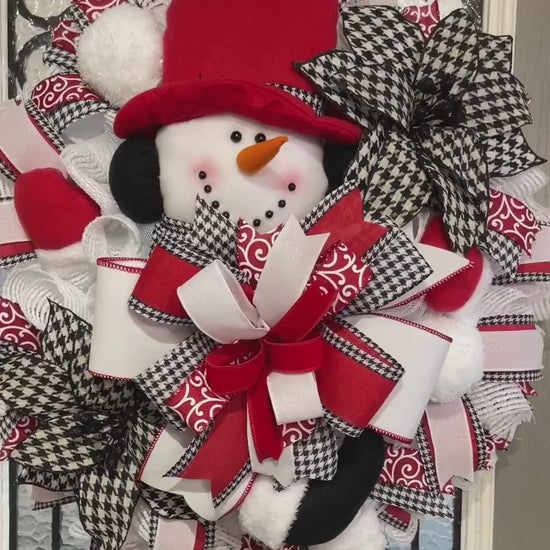 Christmas Snowman Wreath, 27 inch diamenter, Black and White houndstiith poinsettias, Snowman with legs and mittens