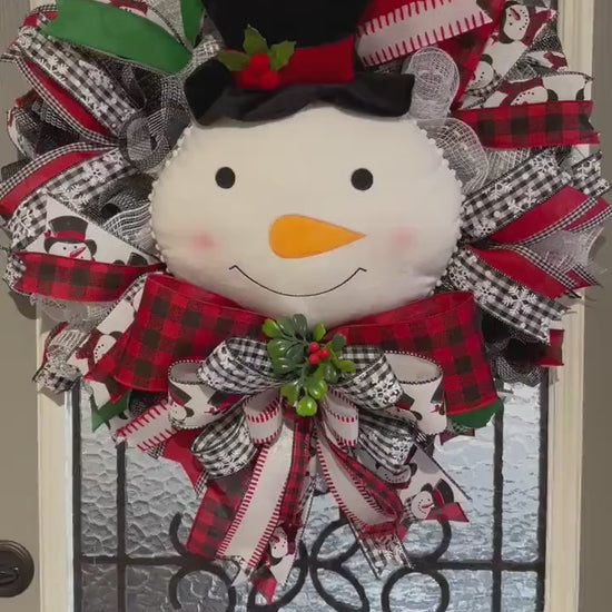 Snowman Christmas Wreath for your door, Traditional red and black Buffalo check Christmas decor, Farmhouse Christmas wreath