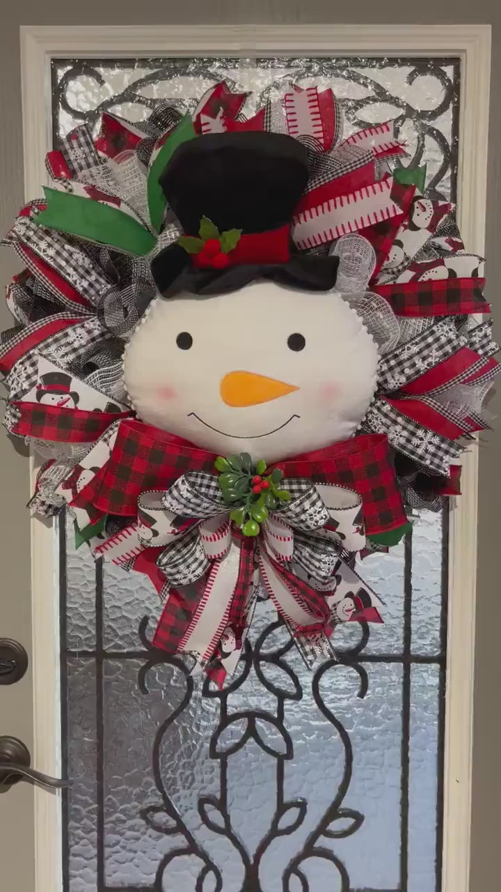 Snowman Christmas Wreath for your door, Traditional red and black Buffalo check Christmas decor, Farmhouse Christmas wreath